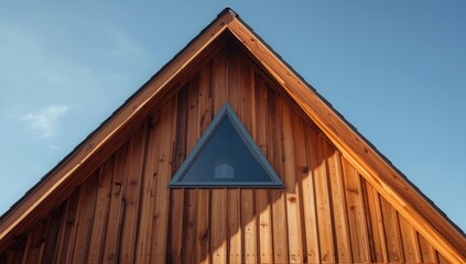 A-frame wooden building with a gray triangular plastic window, focused on architecture preservation