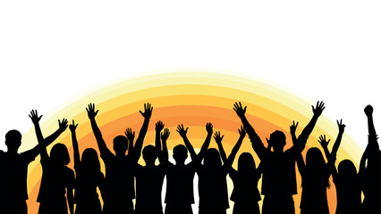 Celebratory silhouette of people with raised hands against vibrant sunset