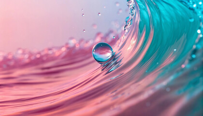 Abstract close-up of a water droplet suspended on a pink and teal wave
