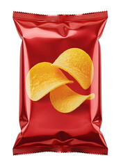 Red foil snack package with potato chips on white transparent background