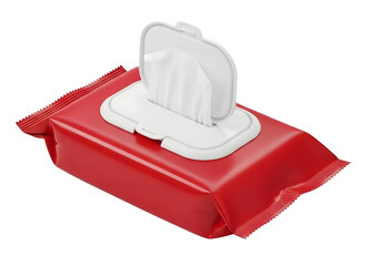 Red wet wipes package with white cap and opened lid isolated on transparent background