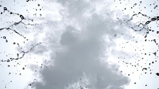 Extremely slow motion of a fine translucent liquid mist and small water droplets dispersing rapidly into a dense cloud against a completely white void science, slowmo, aerosol