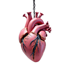 Realistic Anatomical Heart Model Hanging in a Studio Setting, Highlighting Intricate Details and Vascular Structure on transparent background