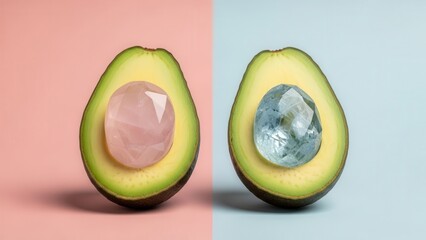 Split Avocado Halves With Gemstones Inside On Pink And Blue Background