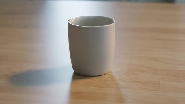 White ceramic mug centered on wooden table surface