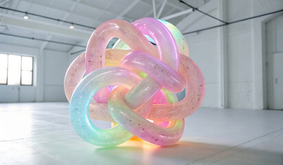 Luminous Inflatable Interconnected Sculpture with Pastel Hues in Modern White Room