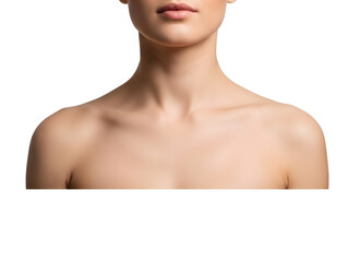 Womans bare shoulders and neck with smooth skin and pink lips cut off face transparent background