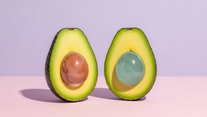 Two Halved Avocados One With Seed One With Green Gemstone on Pink and Purple Background