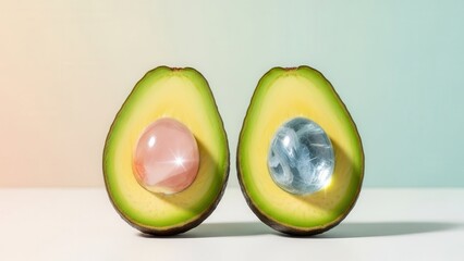 Two Halves of a Fresh Avocado Each Containing a Sparkling Gemstone on a White Surface Against a Soft Gradient Background