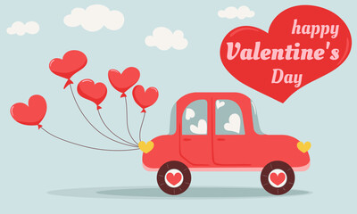 A red car with heart balloons. A Valentine's Day card.