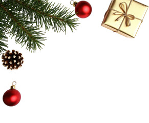 Festive Christmas Decorations with Pine Branch, Red Ornaments, Pine Cone, and Gift Box on a Black Background on transparent background