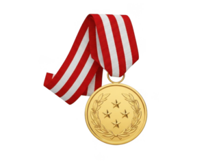 Golden medal with red and white ribbon isolated on transparent background