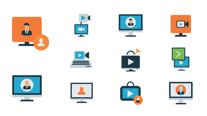 Fototapeta premium Flat style media icons set: video conferencing and communication symbols