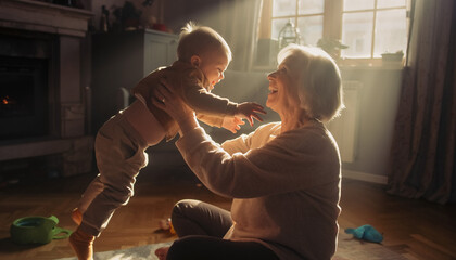 Loving Grandmother and Grandson having Family Time, Playful Moment in Bright Modern Home Interior
