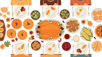 Flat style thanksgiving feast with turkey and autumn harvest dishes