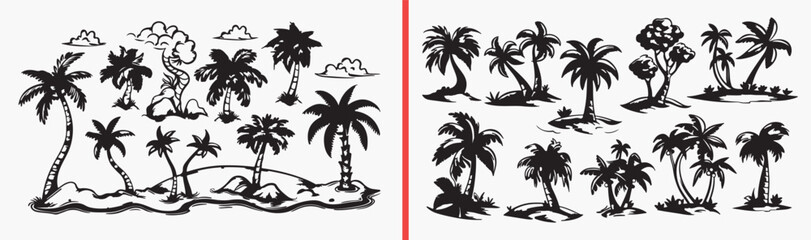 palm tree silhouette collection, tropical shadow artwork, beach sunset design, island tree outline sketch, hand drawn palm silhouette, paradise scene illustration, summer landscape clipart, printable  © Geetaroy