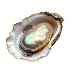 Stunningly iridescent pearl nestled in an open oyster shell, showcasing natural beauty and marine elegance on transparent background