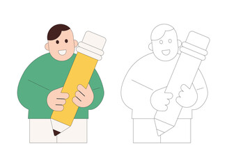 Flat character illustration of a man holding a giant pencil, representing creativity, writing, education, design process, and idea development concept.
