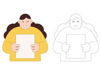 Flat character illustration of a woman holding blank paper, representing empty document, placeholder message, announcement, presentation space, and copy space concept.