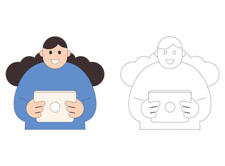 Flat character illustration of a woman holding tablet, using digital device for online work, presentation, technology concept, and modern communication.