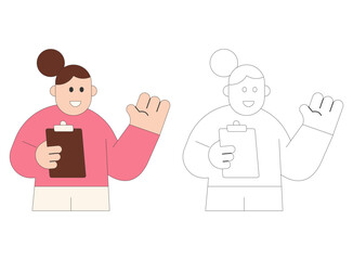 Flat character illustration of a woman holding clipboard and waving hand, presenting checklist, survey form, report document, greeting gesture, and communication concept.