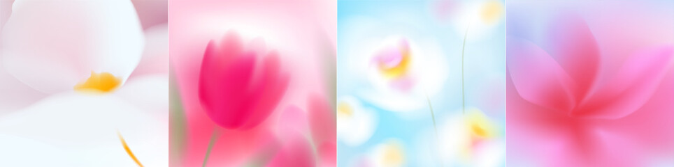 Blurred spring flowers set. Macro flowers. White, pink, blue soft colors. Blurry landscape with plants. Design for card, invitation, cover, post. Place for text.