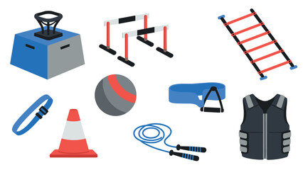 Flat design fitness equipment: hurdles, jump rope, ladder, and more for training