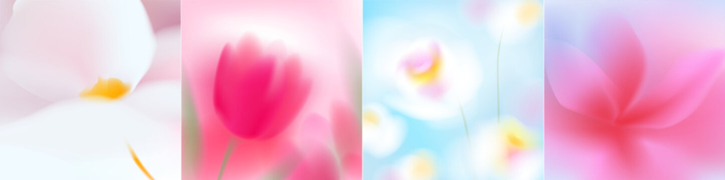 Blurred spring flowers set. Macro flowers. White, pink, blue soft colors. Blurry landscape with plants. Design for card, invitation, cover, post. Place for text.