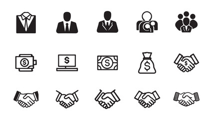 Business and finance icons representing partnership and money transactions