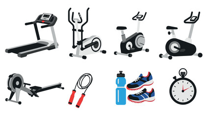 Home gym equipment collection: treadmill, exercise bikes, and accessories