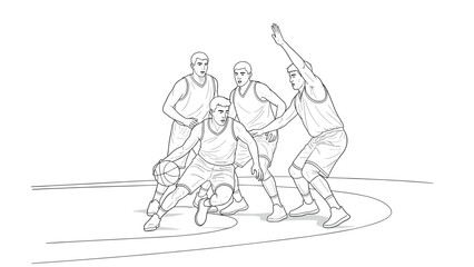 Dynamic line art of basketball players in action on the court