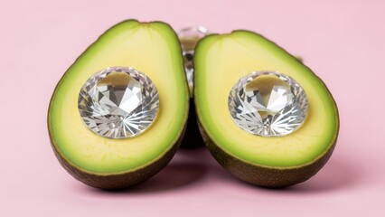 Two Halves of a Ripe Avocado with Sparkling Diamonds Set Inside on a Soft Pink Background