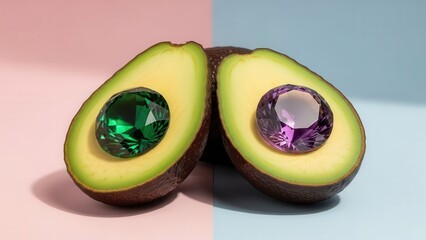 Two Halves Of An Avocado With A Green Jewel And Purple Jewel Inside Each Half Against A Pink And Blue Background