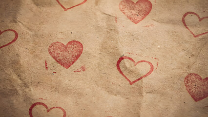 A collection of red hearts drawn on a crumpled brown paper background from a top-down viewpoint