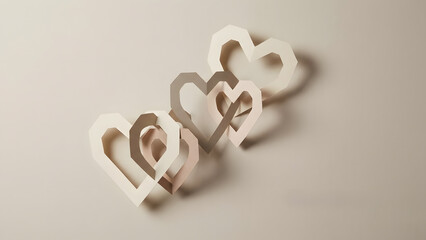 Three white heart-shaped decorations arranged in a row on a plain surface