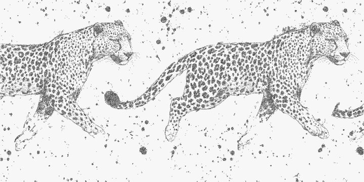 Repeating pattern of running leopards with vintage stipple effect, halftone grain and retro movement, textured dust and aged photocopy imperfections.