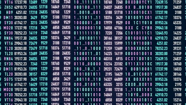 Screen, interface, binary code, data, machine code. Research, analyzing, binary code, science, numbers. 3D animation