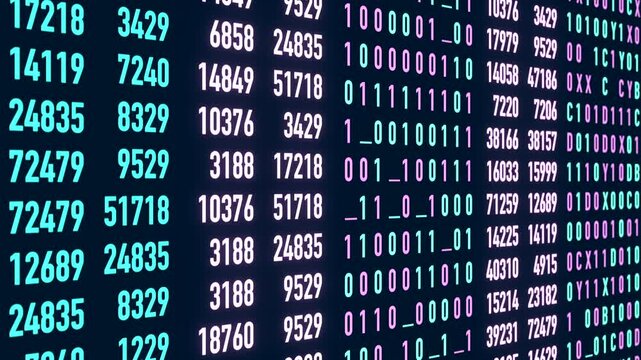 Close up interface, binary code, data, machine code. Research, analyzing, binary code, science, numbers. 3D animation