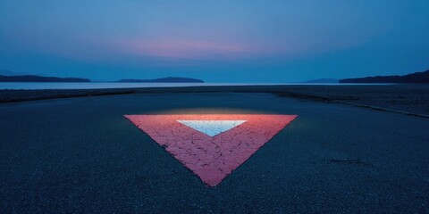 A painted inverted triangle glows on a dark road leading to the sea, under a twilight sky