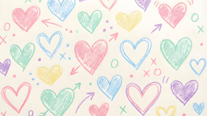 A vibrant pattern of colorful hearts and symbols on a soft background viewed from directly above