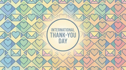 a seamless geometric pattern template for international thank-you day showcases heart and envelope icons surrounding a central text area set against a soft gradient backdrop with a subtle glow