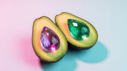 Two Halves Of Avocado With Purple And Green Jewels Inside In A Studio Setting