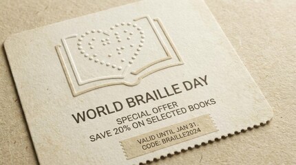 a textured coupon design template for world braille day features braille dots creating a heart and book shape against a soft neutral backdrop