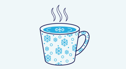 A steaming hot mug of blue hot chocolate with snowflake design on a plain background for winter or holiday themed designs and promotions with festive