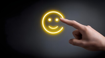 Business service concept, Hand touch smile emoticon for best rating with smiley, review, survey, virtual and interface