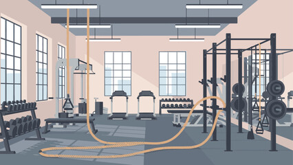 Modern gym interior with fitness equipment in bright urban setting