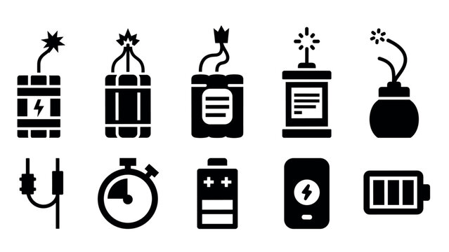 Silhouette icons of explosive devices and energy-related objects for s