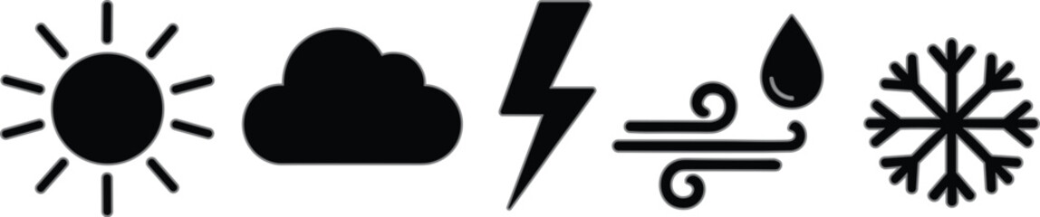 Minimal black weather symbols vector illustration set with sun, cloud, lightning, wind, rain, and snow icons, clean flat design for apps and forecasts