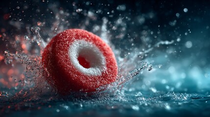 Strawberry slice with water splashes in dramatic lighting