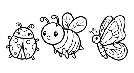 Obraz premium A black and white illustration of a ladybug a bee and a butterfly three cute insects with smiling faces in a simple line art style on a white background ideal